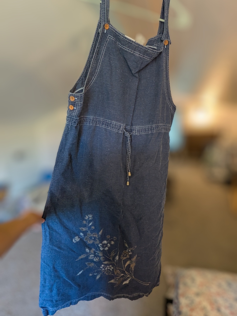 Vintage Denim Blue Floral-Print Women’s Pinafore Dress